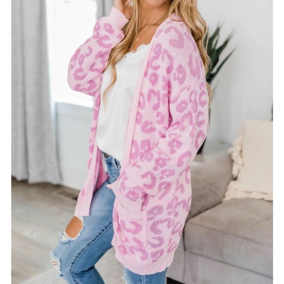 Pink Lily Sweaters - Pink Lily Pink Cheetah Open Front Long Sleeve Cardigan Sweater Small/Medium